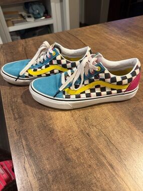 Vans Old Skool Checkerboard Multi Color Teal Yellow Womens 7
